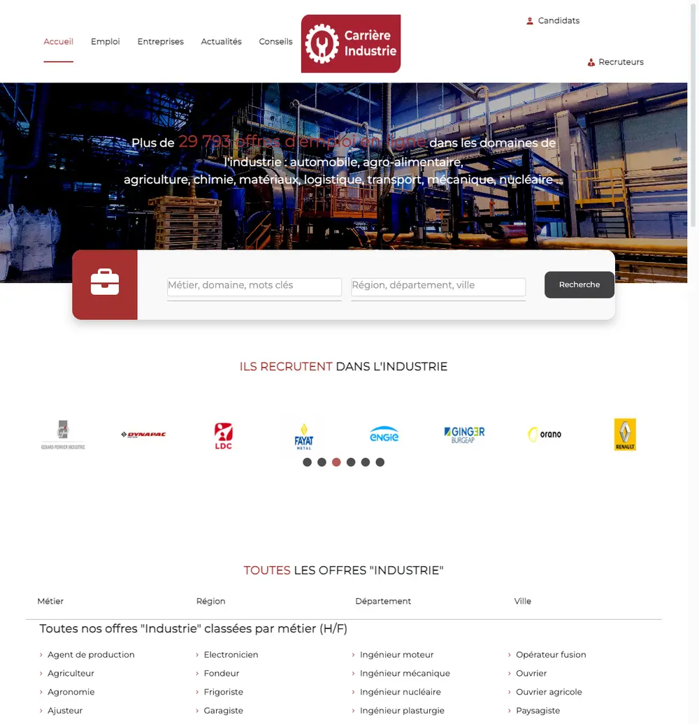 Carrière Industrie job board platform screenshot showing job search interface
