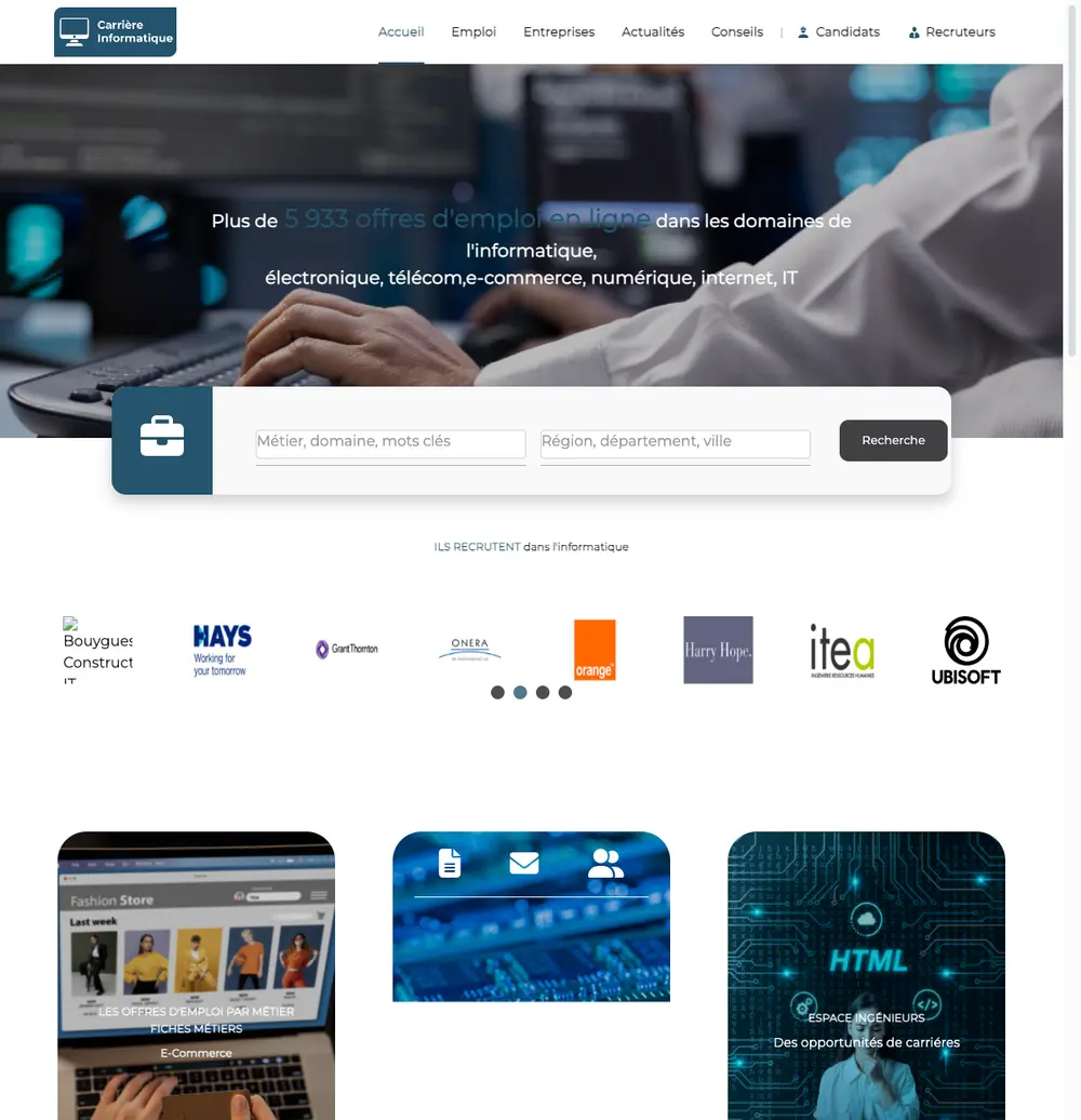 Carrière Informatique job board platform screenshot showing job search interface