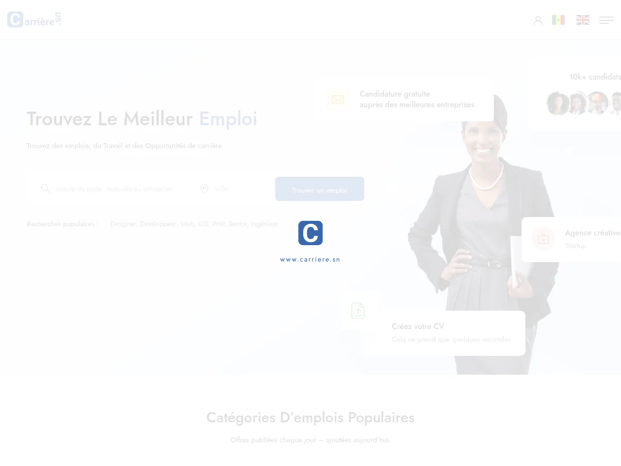 Carriere.sn job board platform screenshot showing job search interface