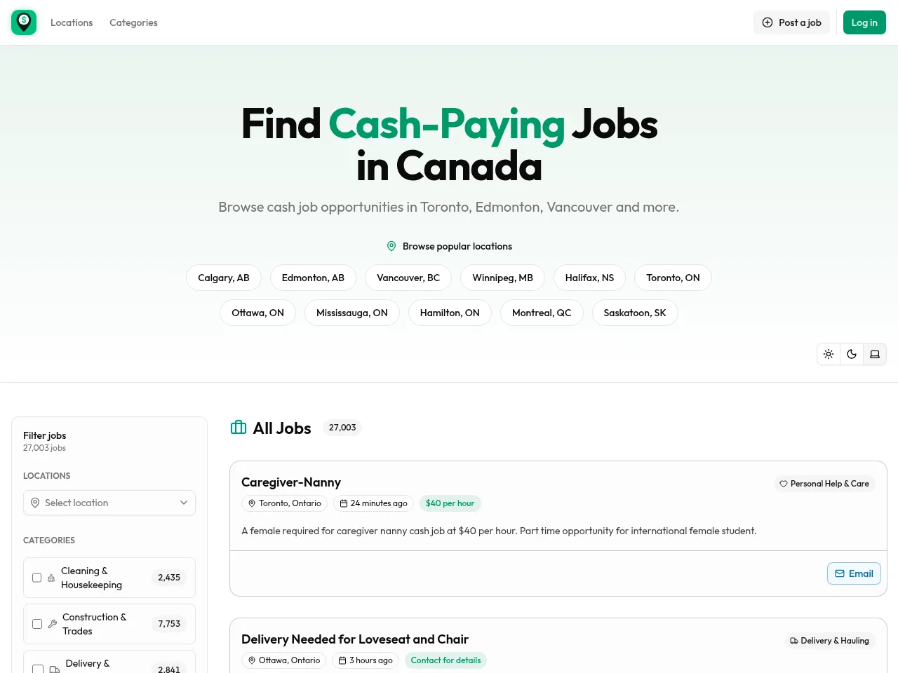 CashOnlyJobs.ca job board platform screenshot showing job search interface
