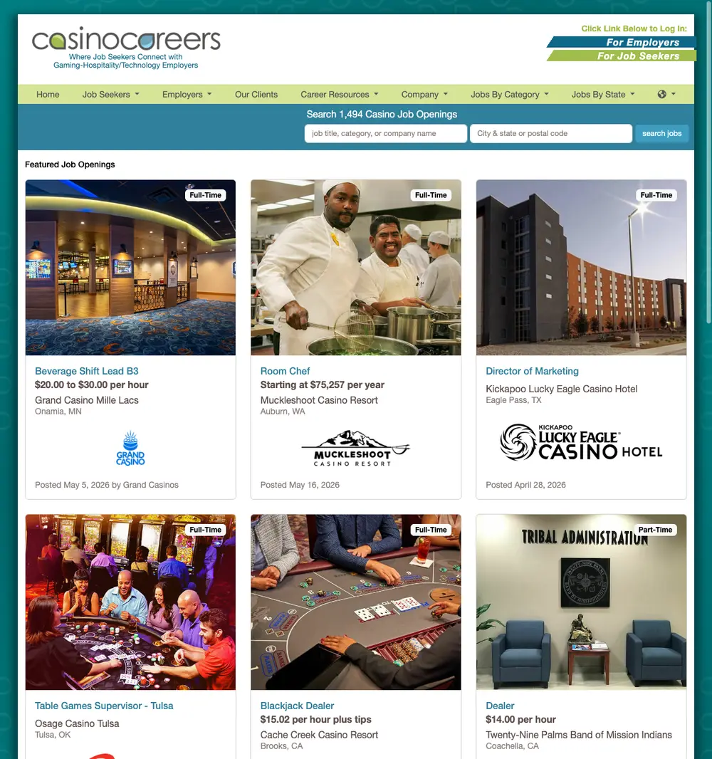 Casino Careers job board platform screenshot showing job search interface