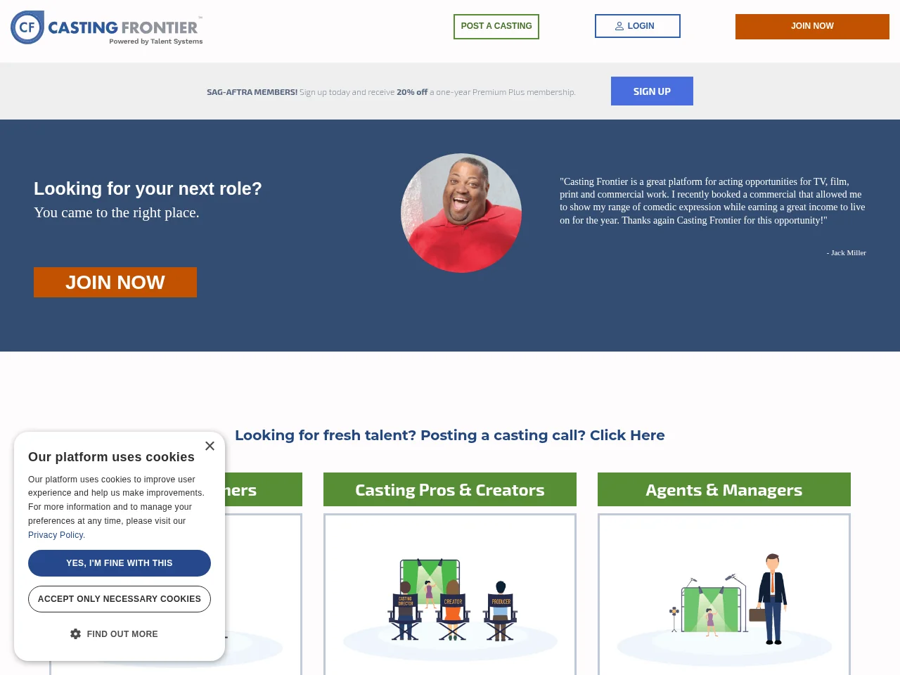 Casting Frontier job board platform screenshot showing job search interface