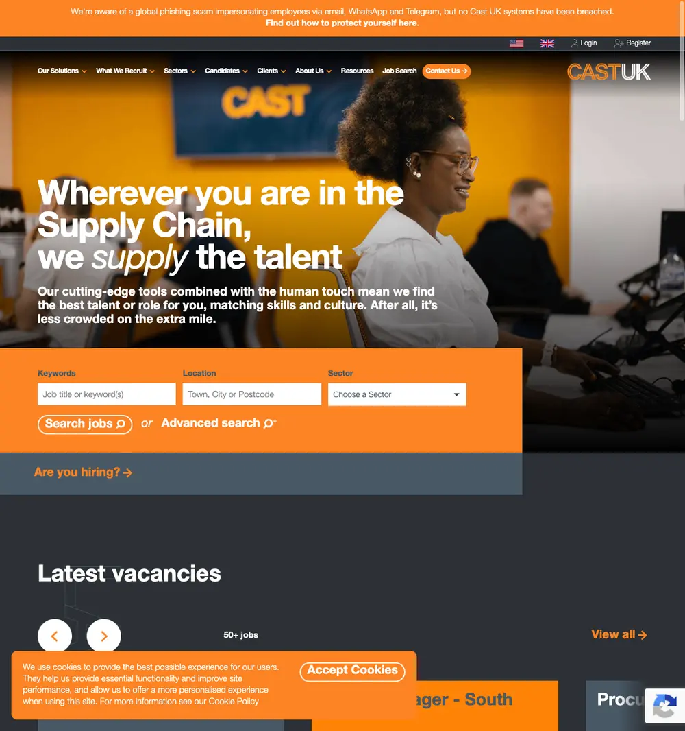 Cast UK job board platform screenshot showing job search interface