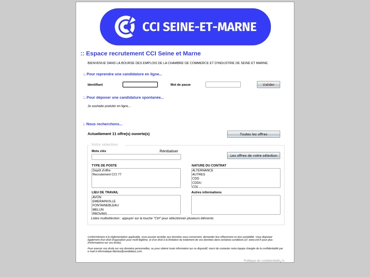 CCI77 job board platform screenshot showing job search interface