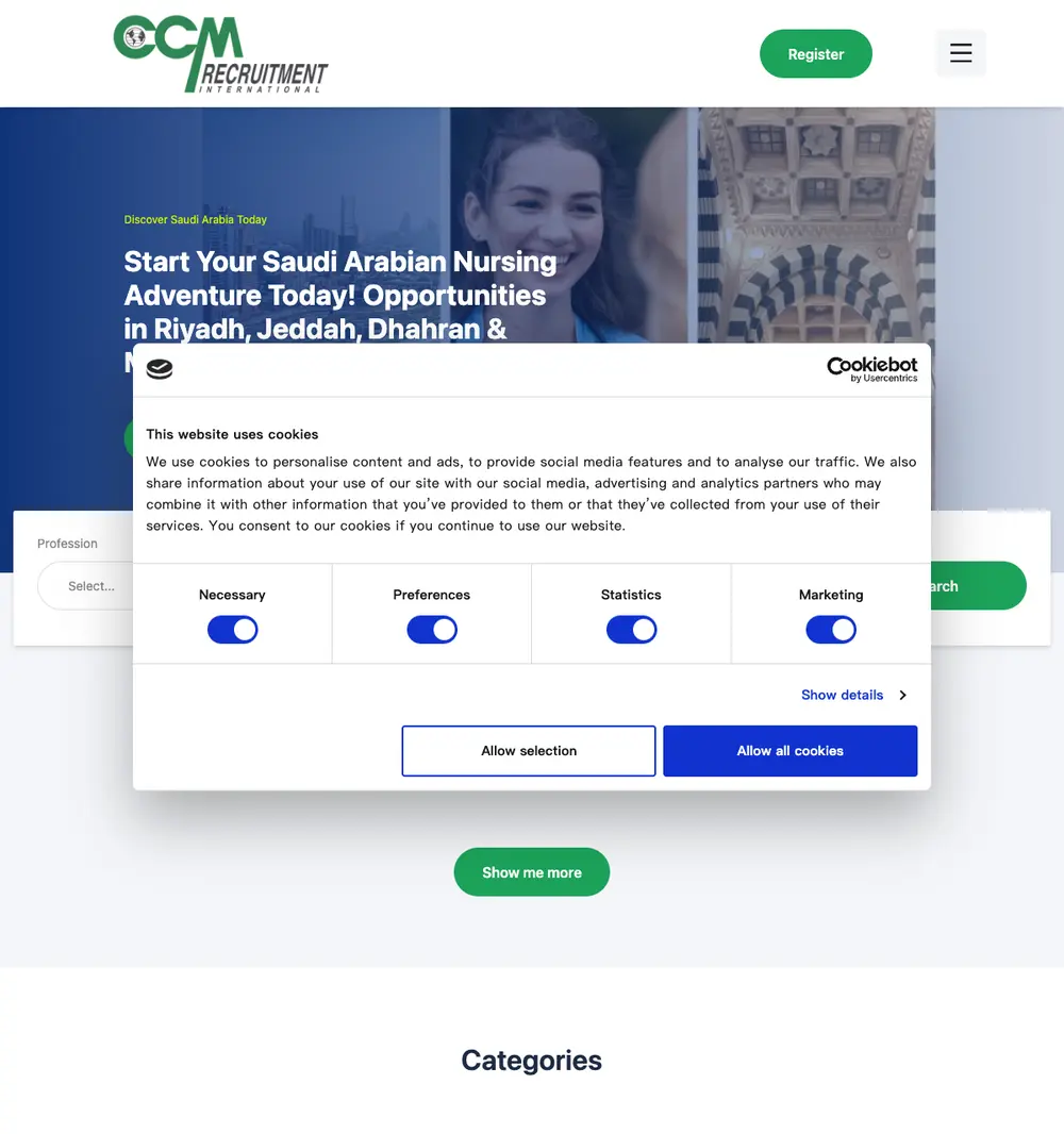 CCM Recruitment International job board platform screenshot showing job search interface