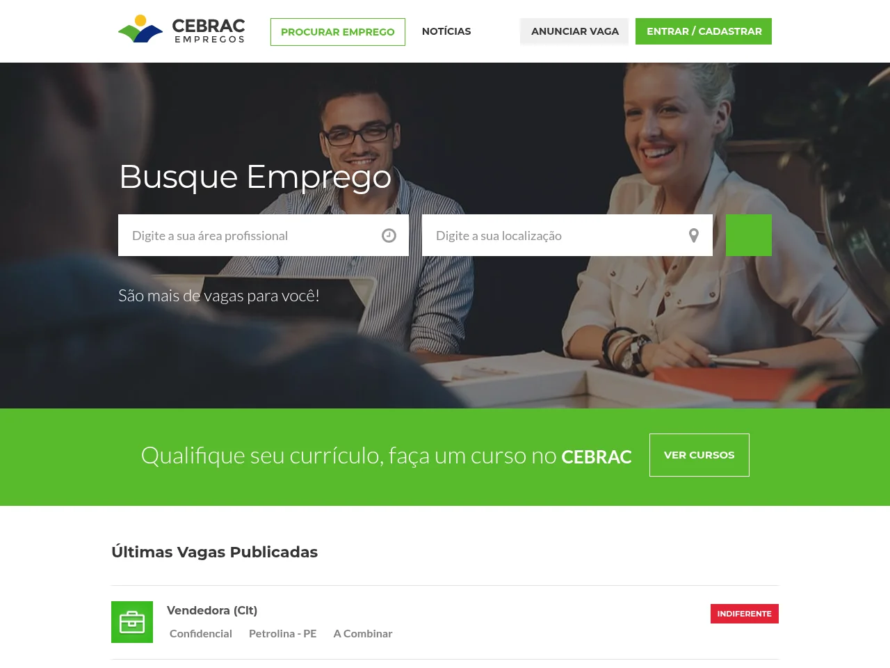 Cebrac Empregos job board platform screenshot showing job search interface