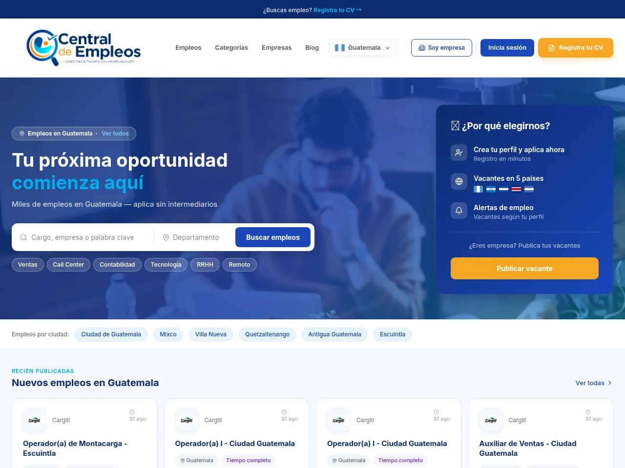 Central de Empleos job board platform screenshot showing job search interface