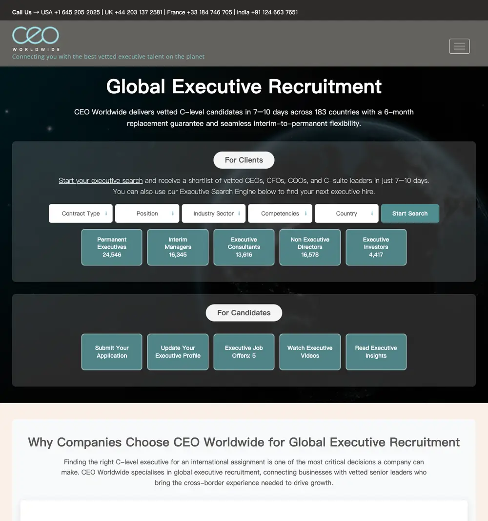 CEO Worldwide job board platform screenshot showing job search interface