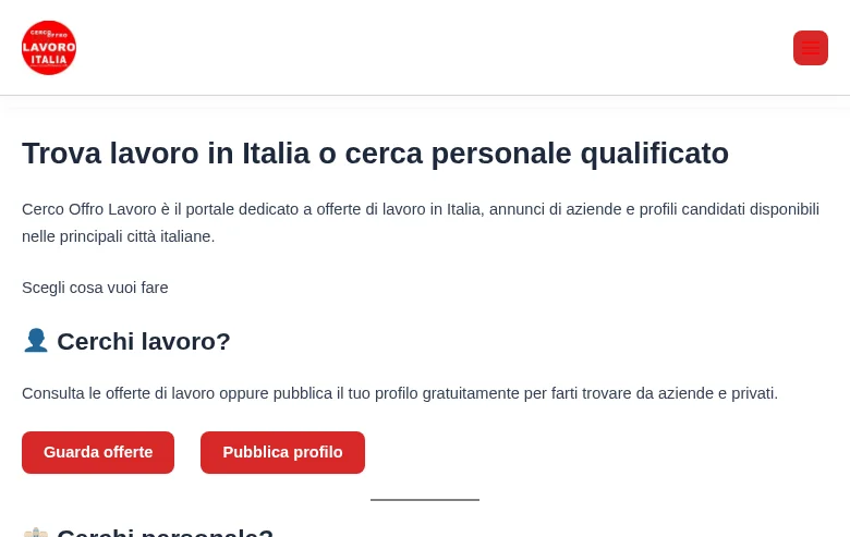 Cerco Offro Lavoro job board platform screenshot showing job search interface