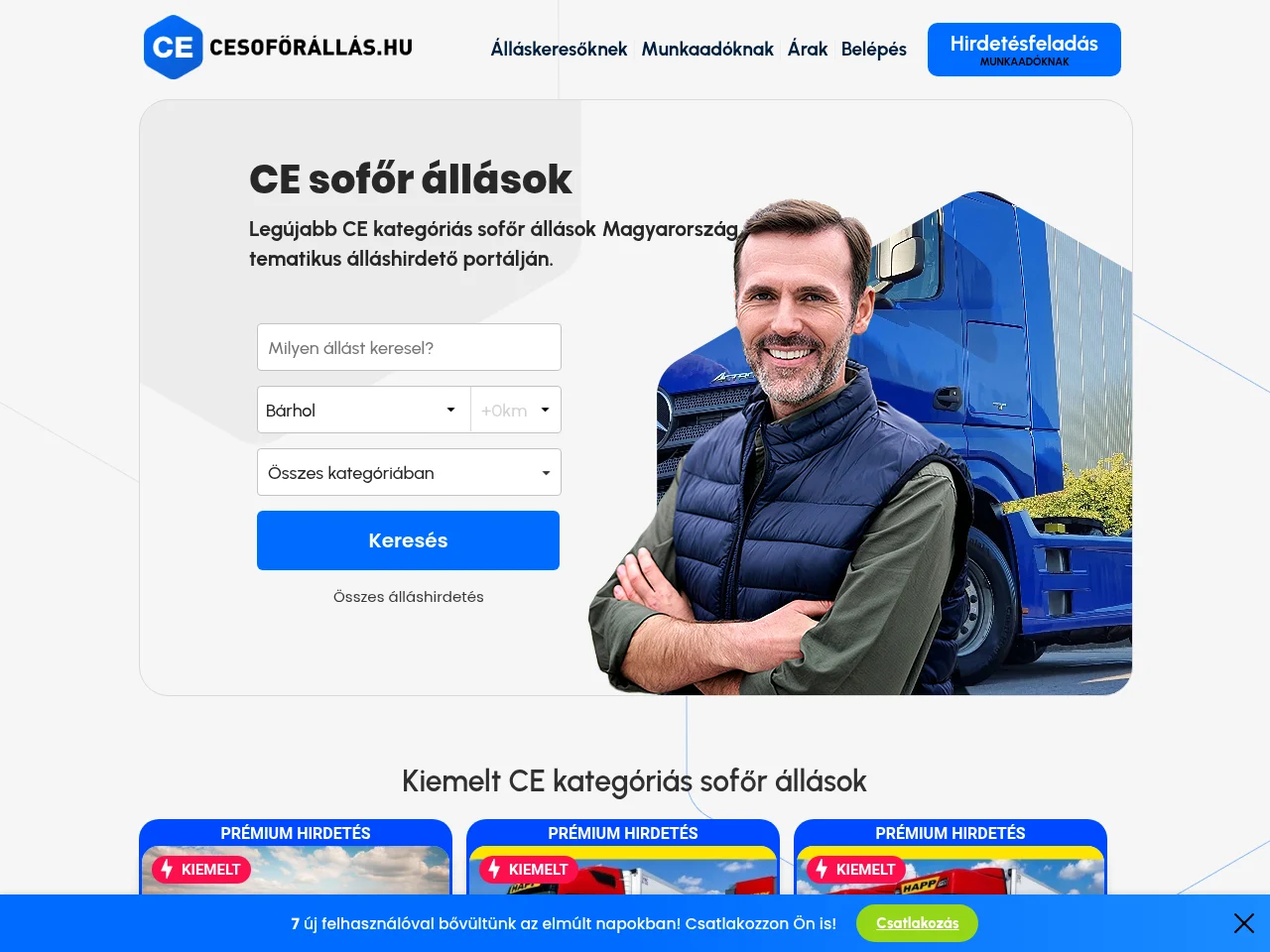 CE sofőr állás job board platform screenshot showing job search interface