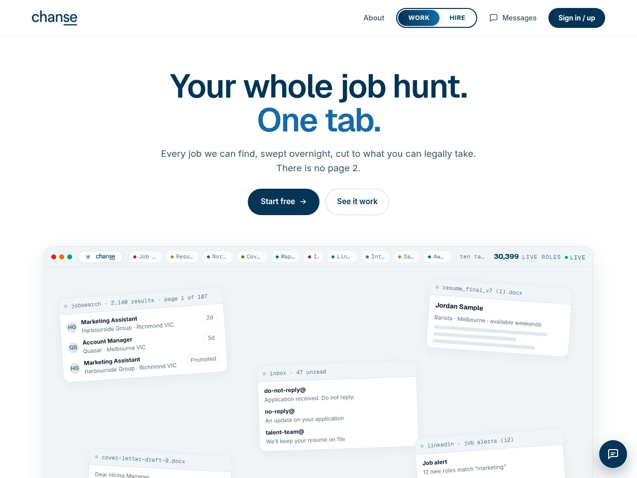 Chanse job board platform screenshot showing job search interface