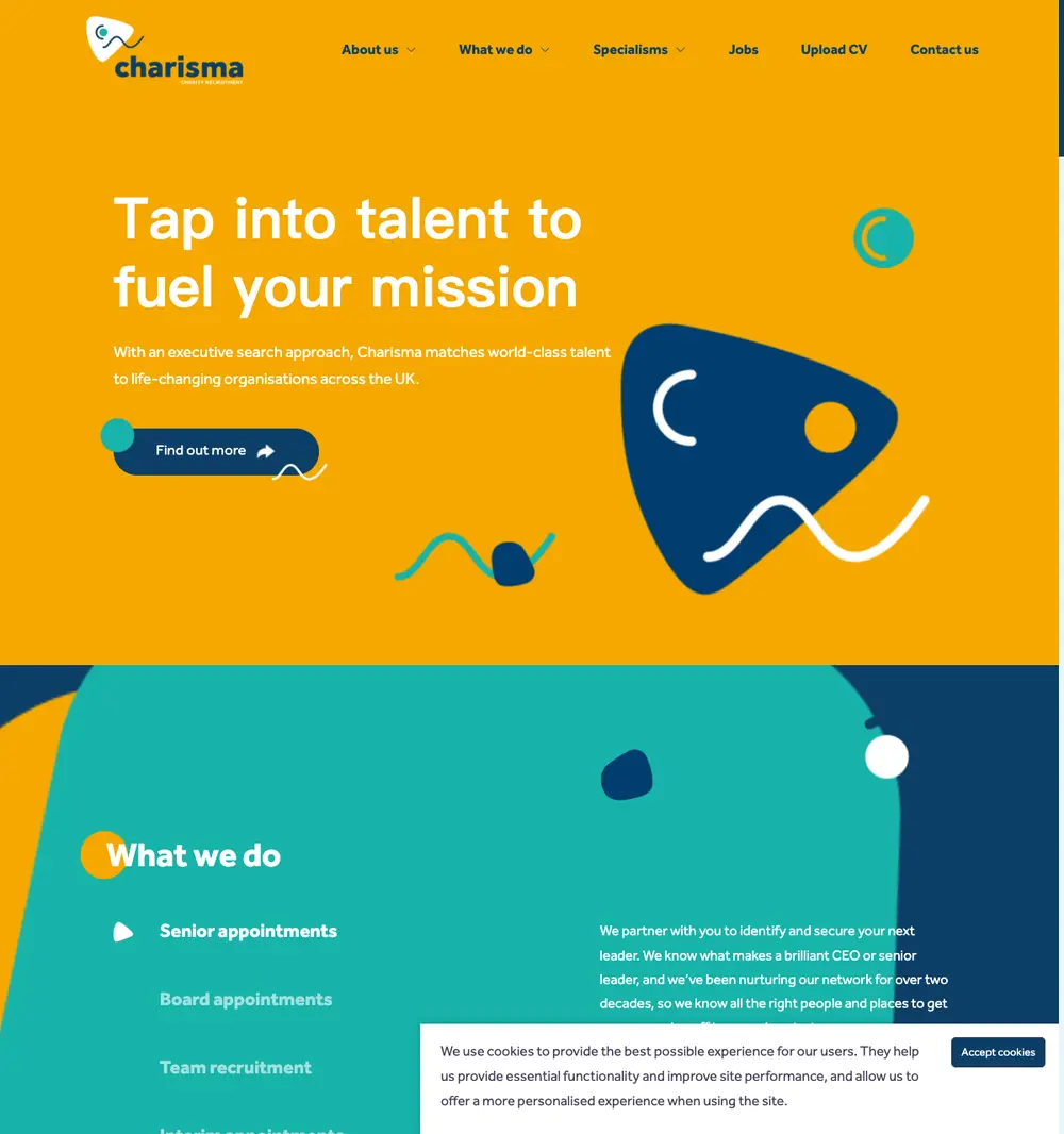 Charisma Charity Recruitment job board platform screenshot showing job search interface