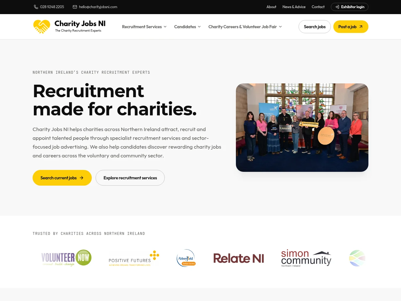 Charity Jobs NI job board platform screenshot showing job search interface