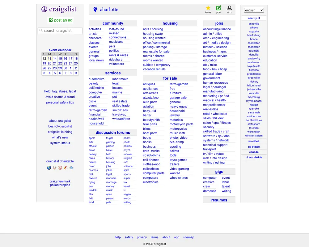 craigslist Charlotte job board platform screenshot showing job search interface