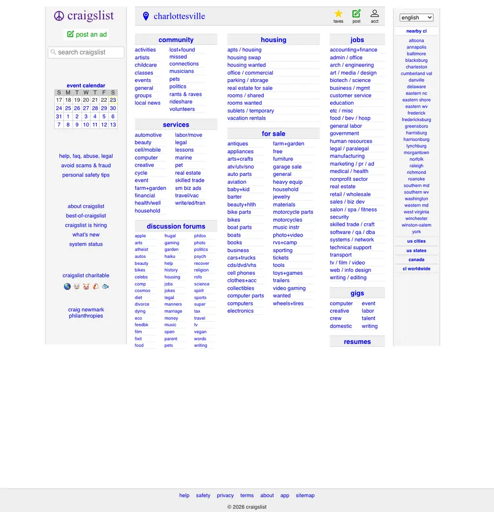 craigslist job board platform screenshot showing job search interface