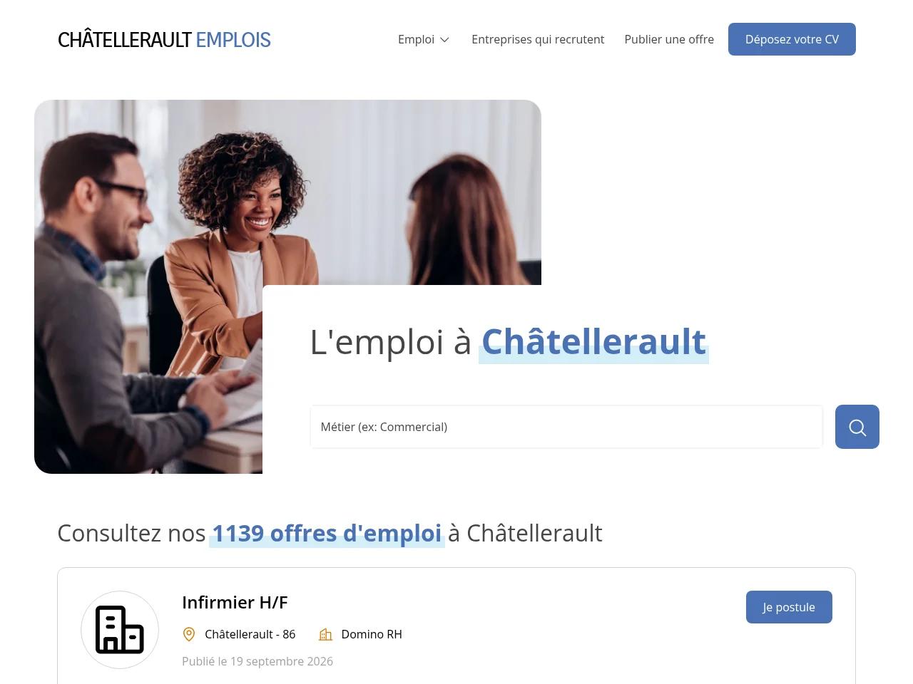 Châtellerault Emplois job board platform screenshot showing job search interface
