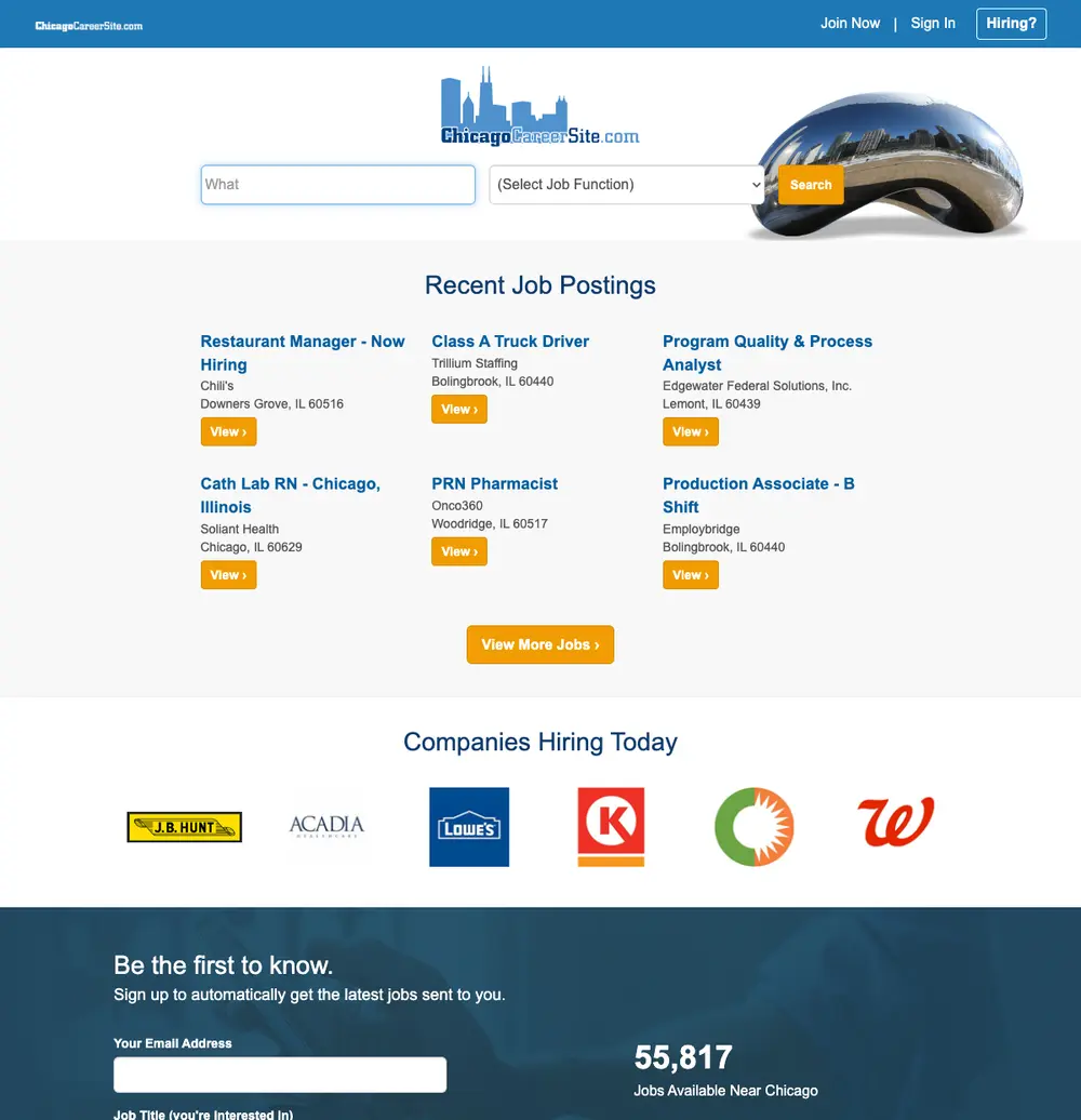 Chicago Career Site job board platform screenshot showing job search interface