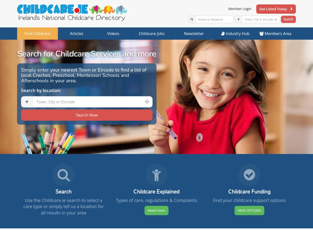 Childcare.ie job board platform screenshot showing job search interface