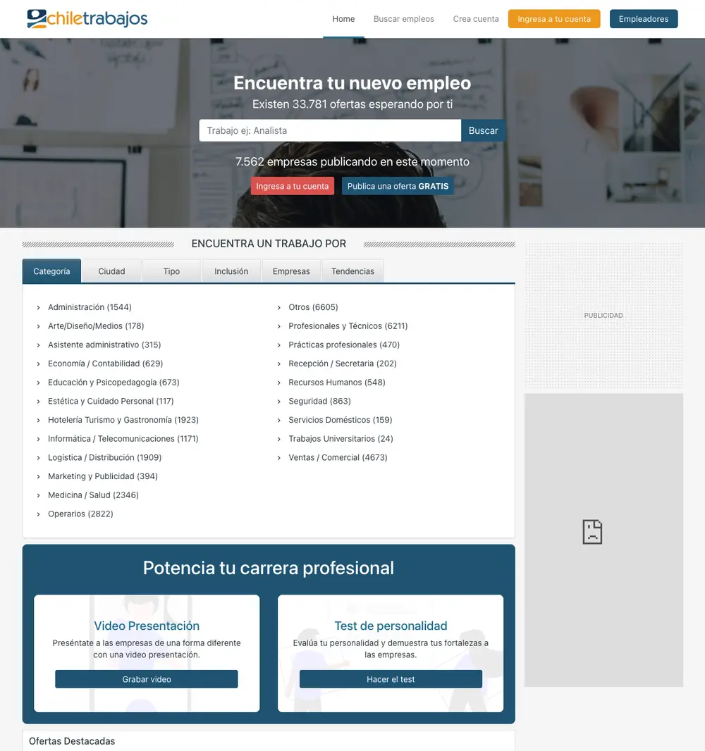 Chiletrabajos job board platform screenshot showing job search interface