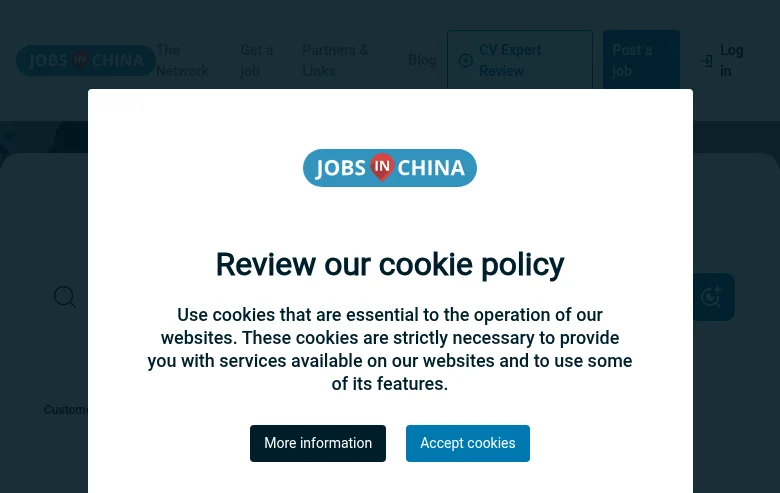 Jobs in China job board platform screenshot showing job search interface