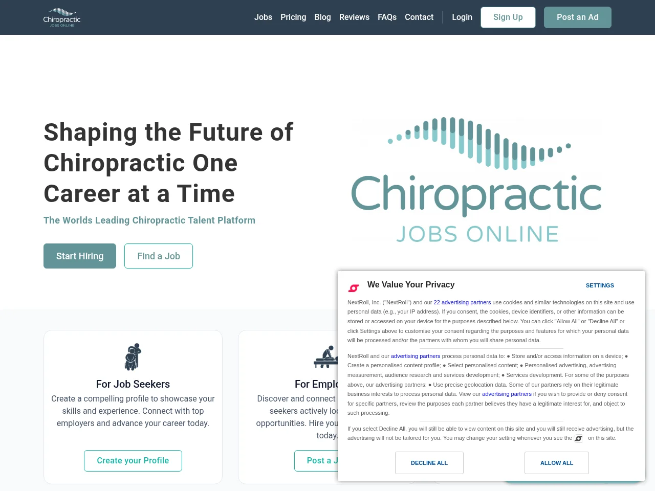 Chiropractic Jobs Online job board platform screenshot showing job search interface