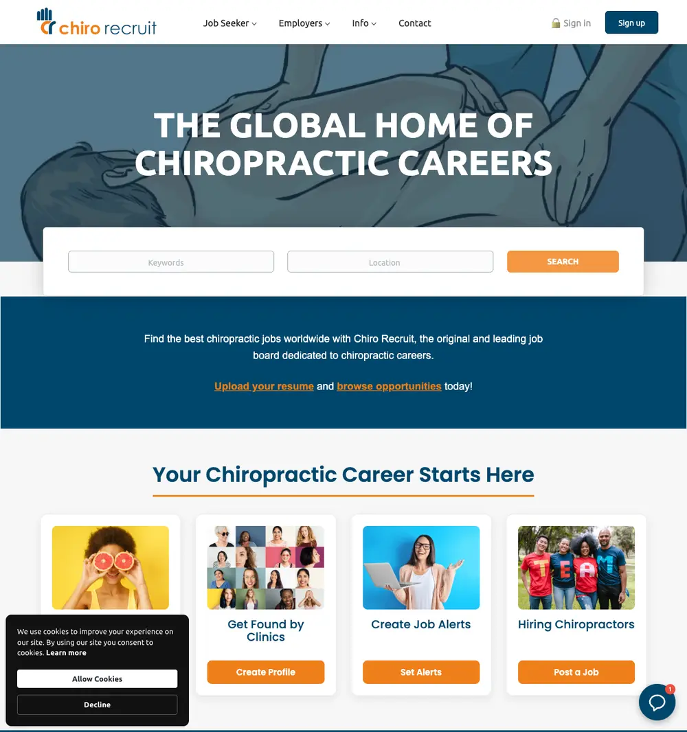 Chiro Recruit job board platform screenshot showing job search interface