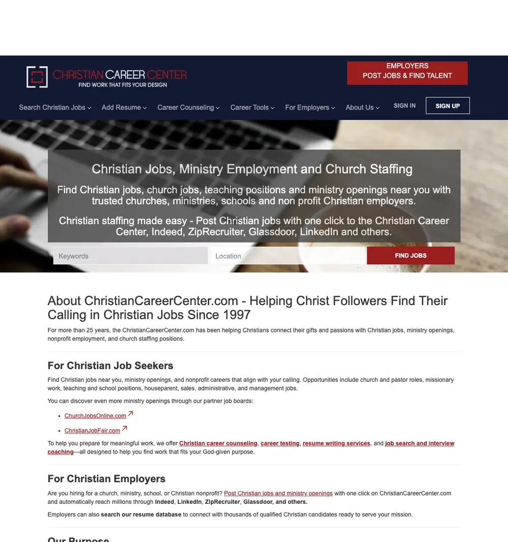 Christian Career Center job board platform screenshot showing job search interface