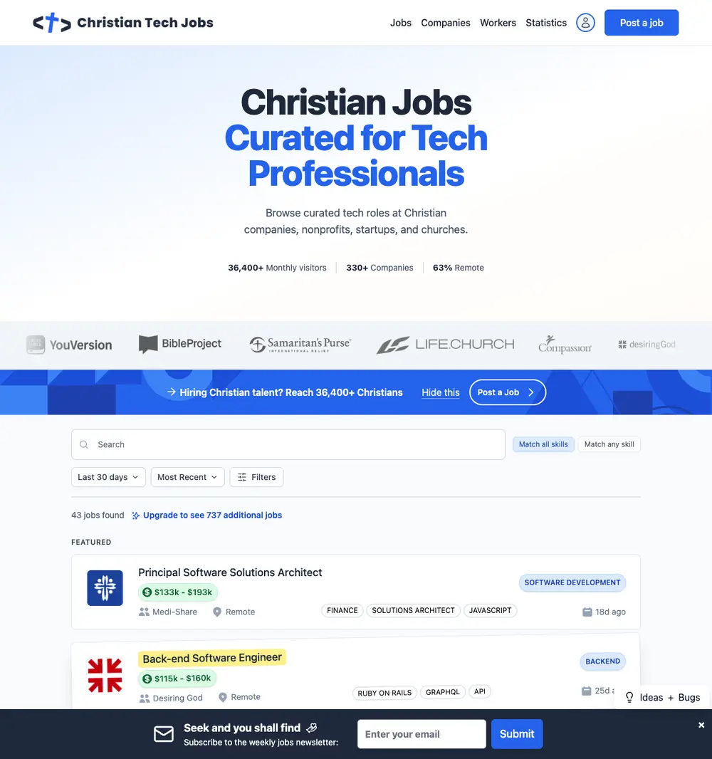 Christian Tech Jobs job board platform screenshot showing job search interface