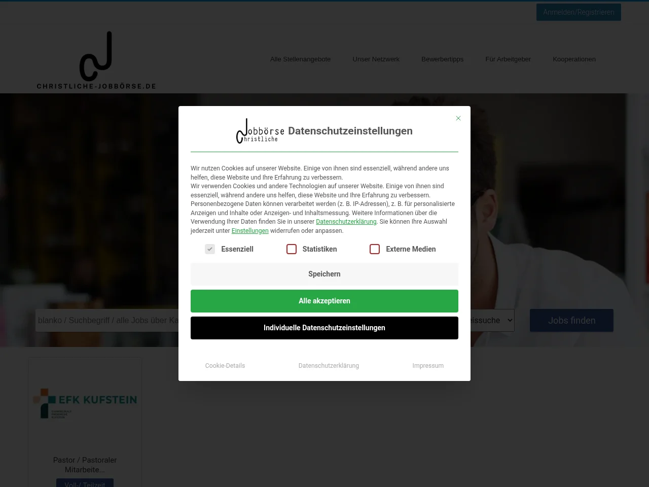 Christliche Jobbörse job board platform screenshot showing job search interface