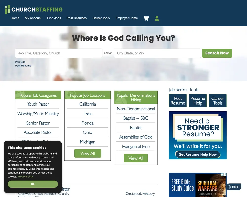 ChurchStaffing job board platform screenshot showing job search interface
