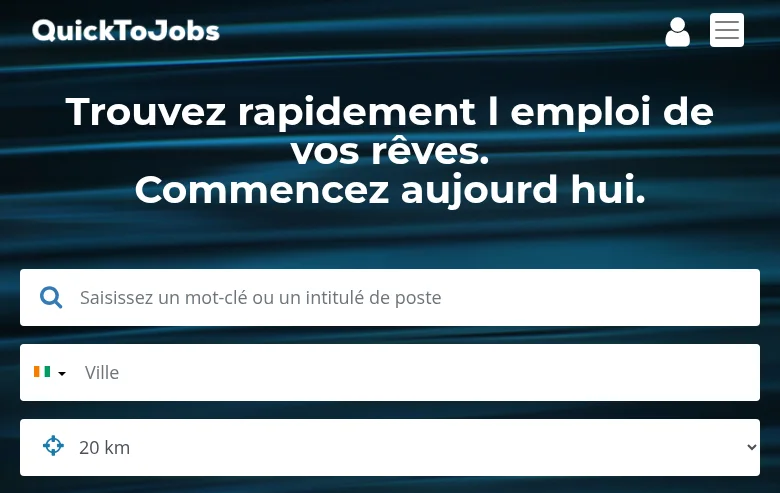 QuickToJobs Ivory Coast job board platform screenshot showing job search interface
