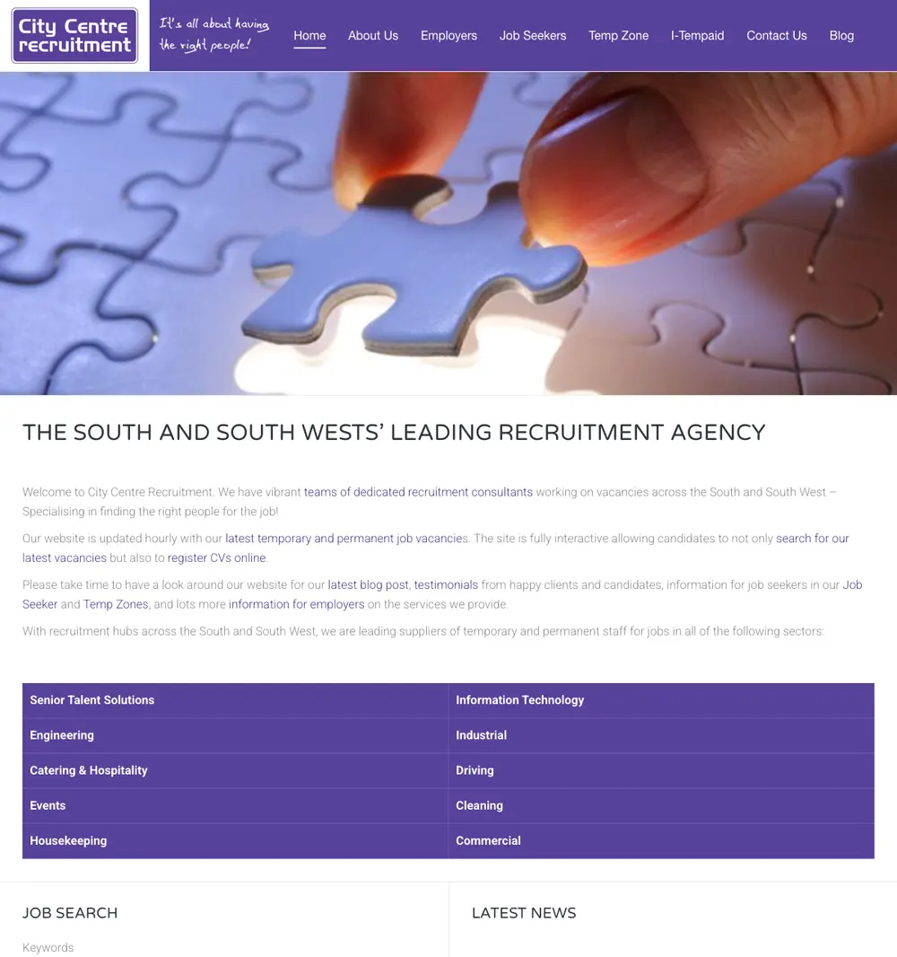 City Centre Recruitment job board platform screenshot showing job search interface