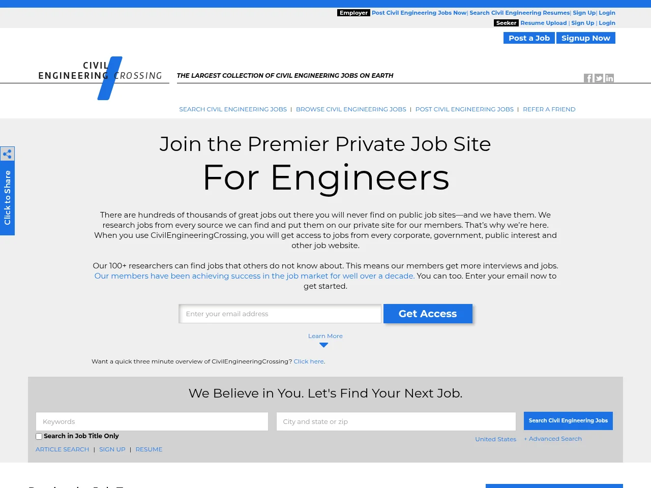 CivilEngineeringCrossing job board platform screenshot showing job search interface