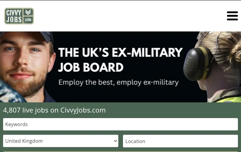 CivvyJobs.com job board platform screenshot showing job search interface