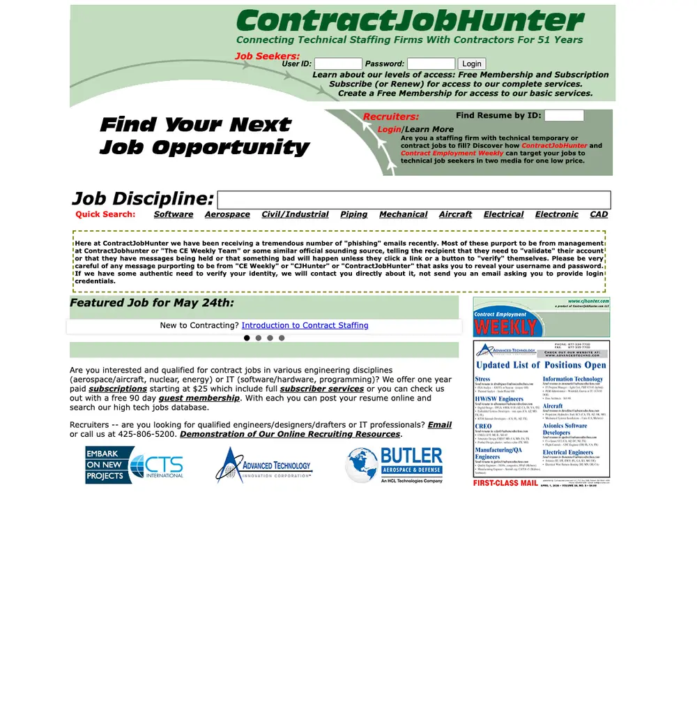ContractJobHunter job board platform screenshot showing job search interface