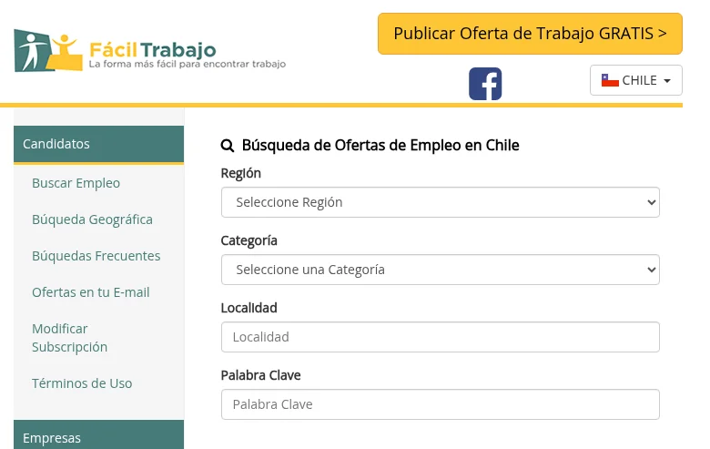 Facil Trabajo job board platform screenshot showing job search interface