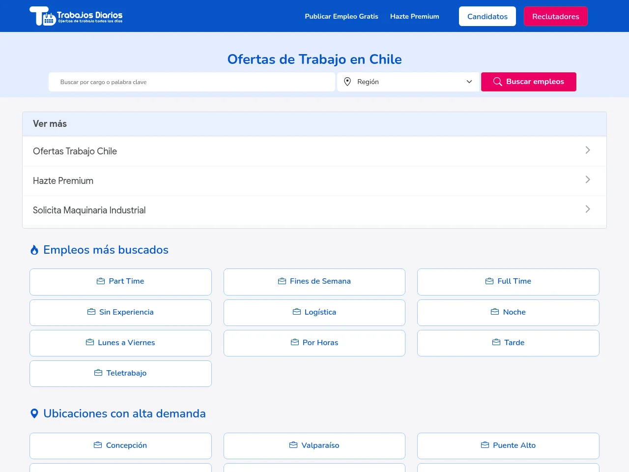 Trabajos Diarios job board platform screenshot showing job search interface