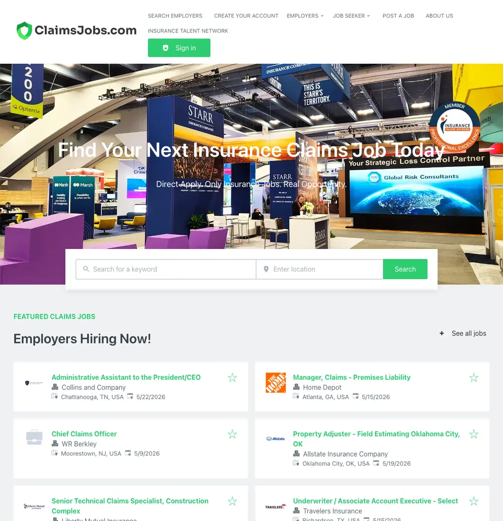 ClaimsJobs screenshot ClaimsJobs job board platform screenshot showing job search interface