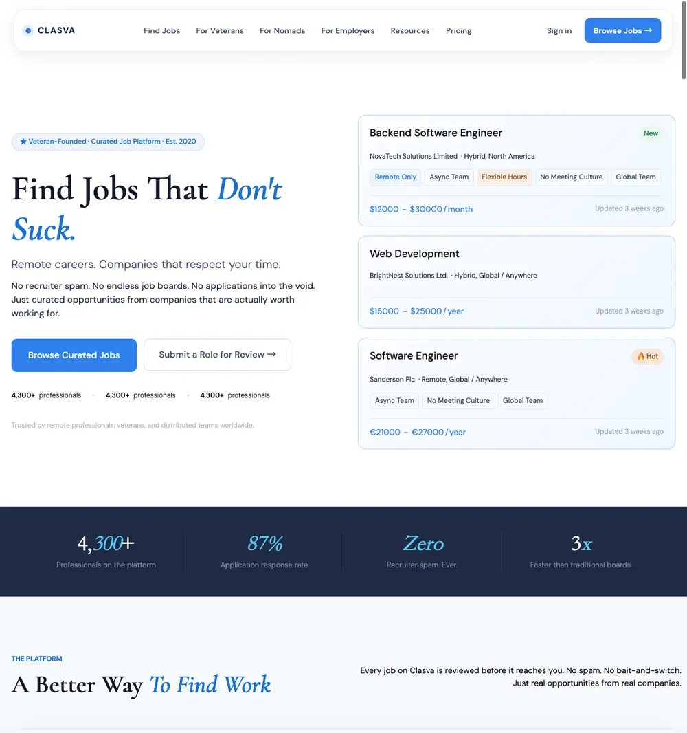 Clasva job board platform screenshot showing job search interface