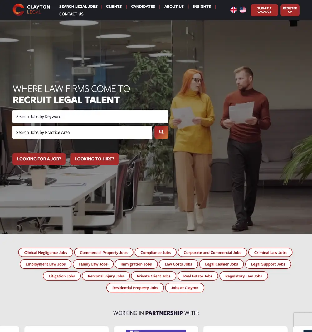 Clayton Legal job board platform screenshot showing job search interface