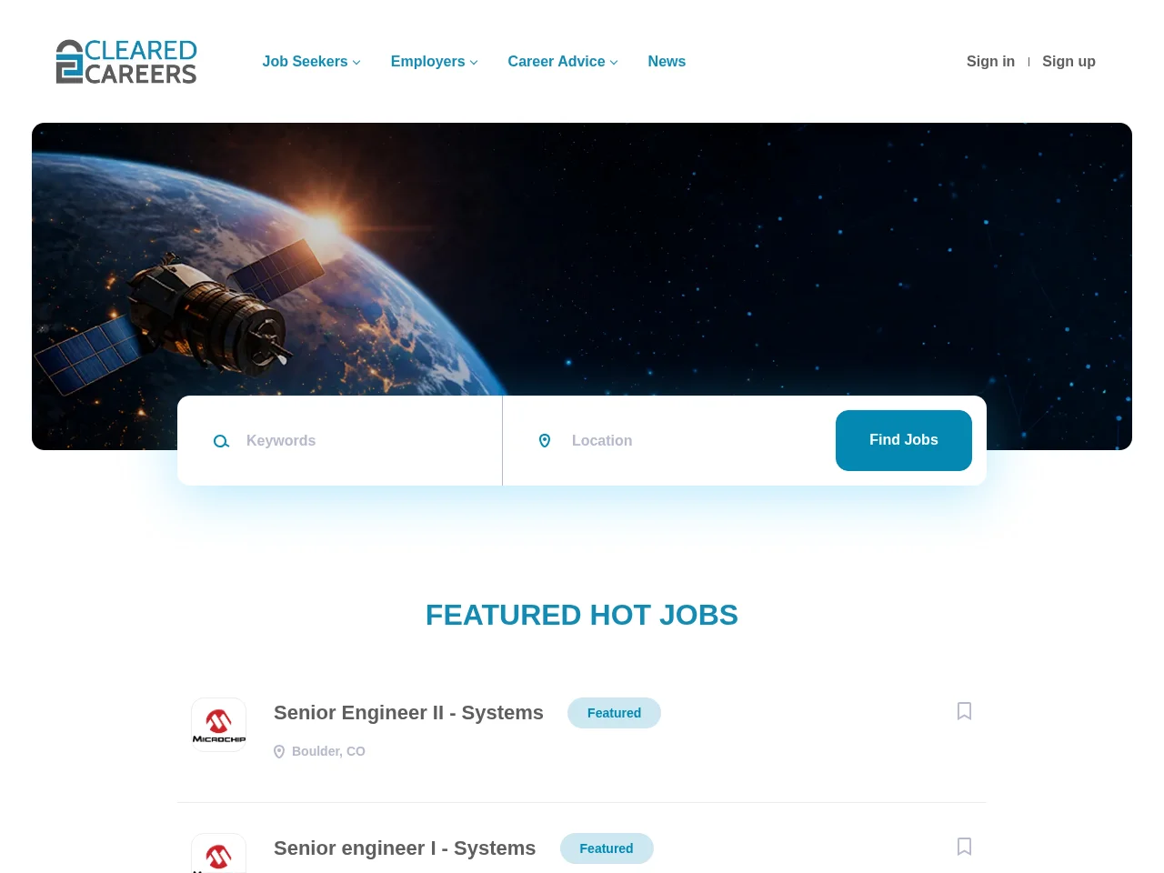 Cleared Careers job board platform screenshot showing job search interface