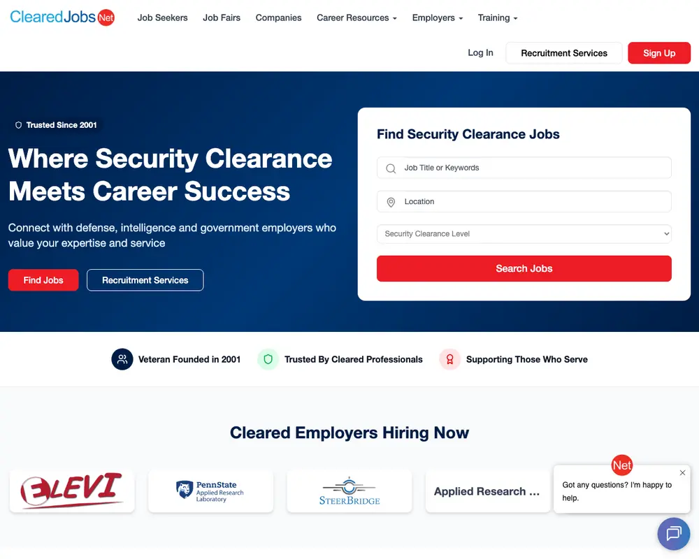 ClearedJobs.Net job board platform screenshot showing job search interface