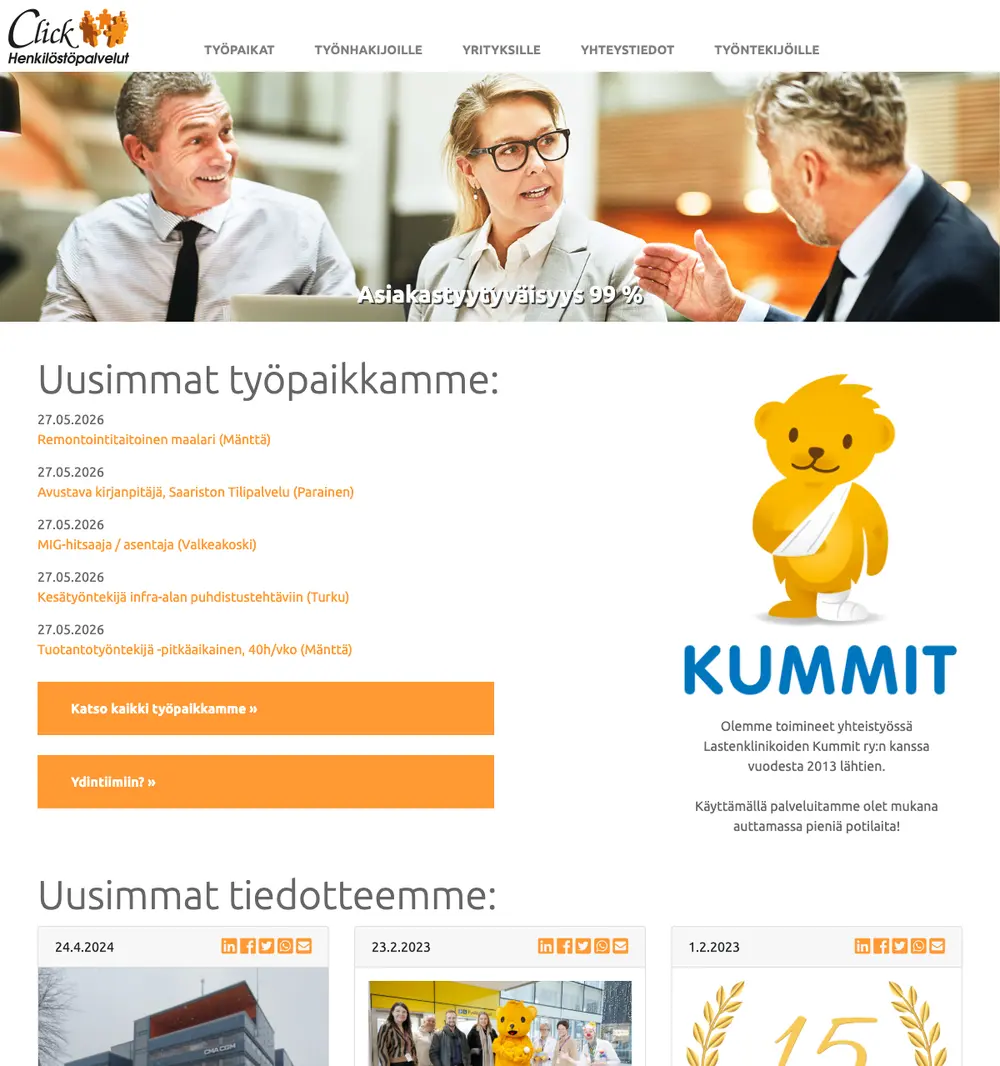 Click Henkilöstöpalvelut job board platform screenshot showing job search interface