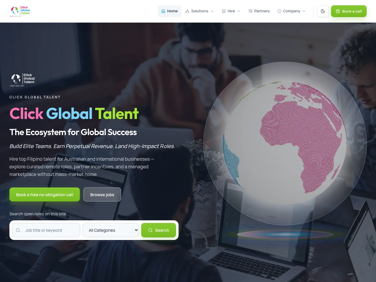 Click Global Talent job board platform screenshot showing job search interface