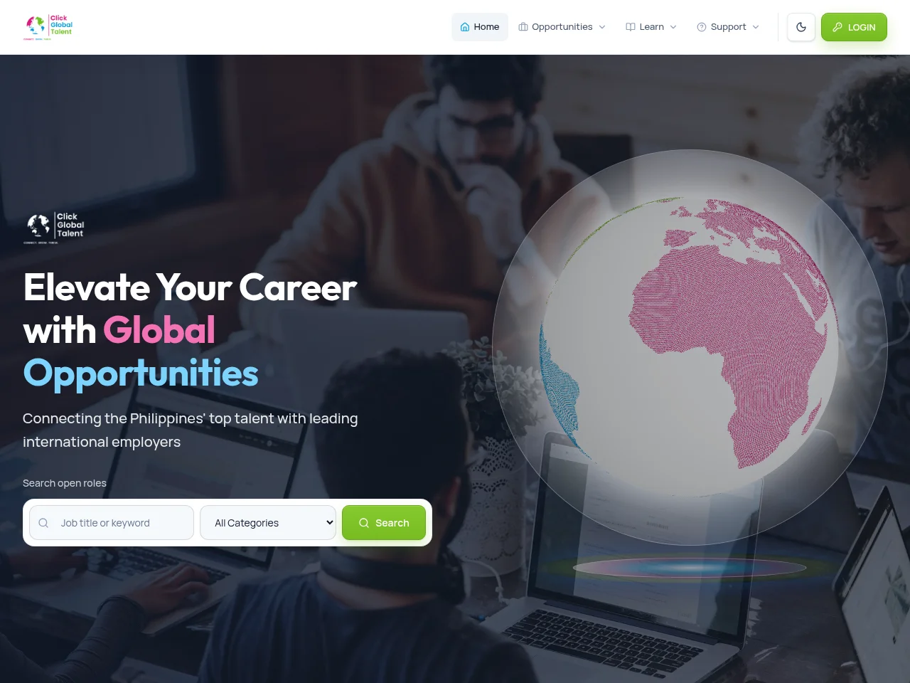 Click Global Talent job board platform screenshot showing job search interface