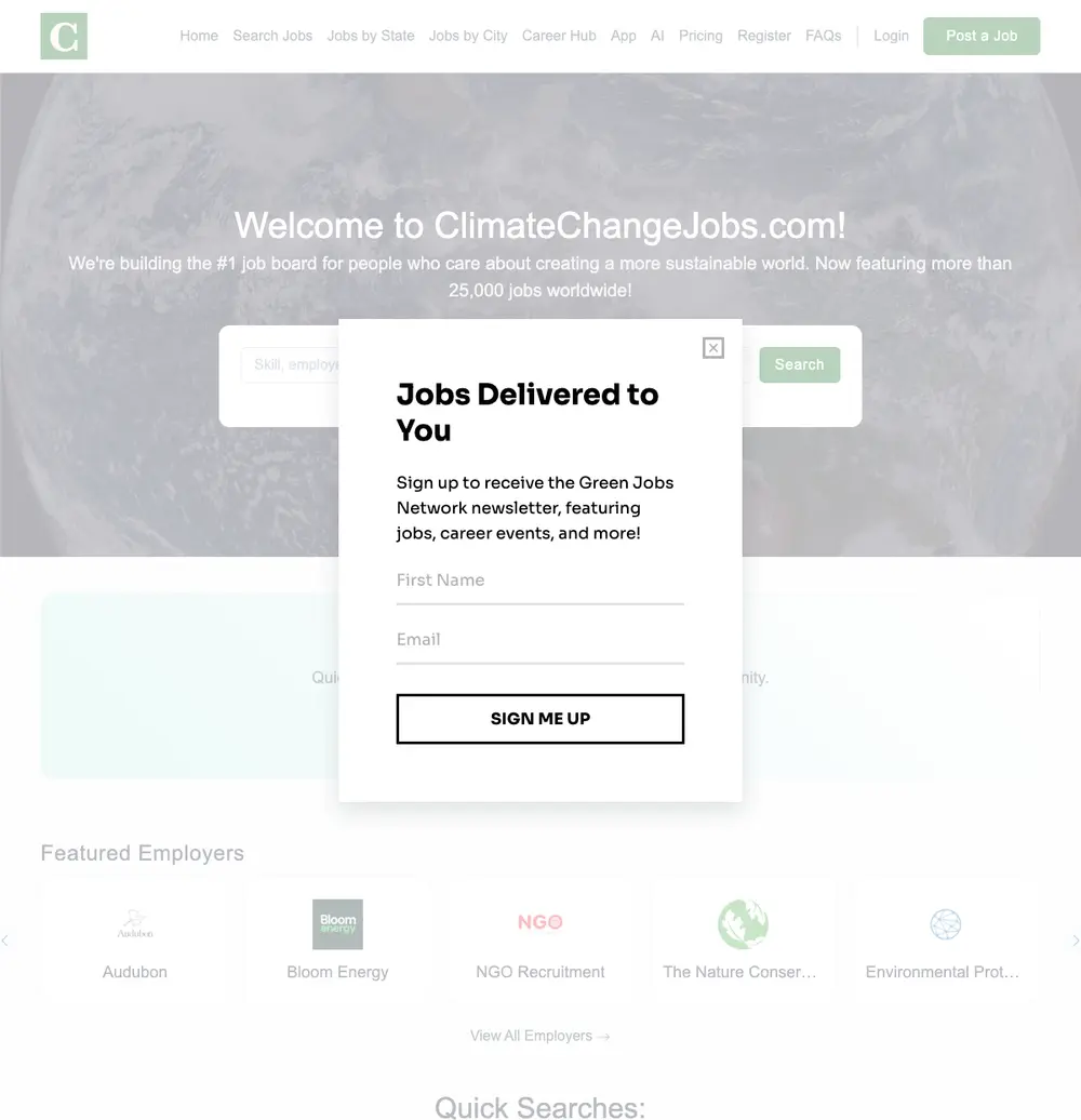 Climate Change Jobs job board platform screenshot showing job search interface
