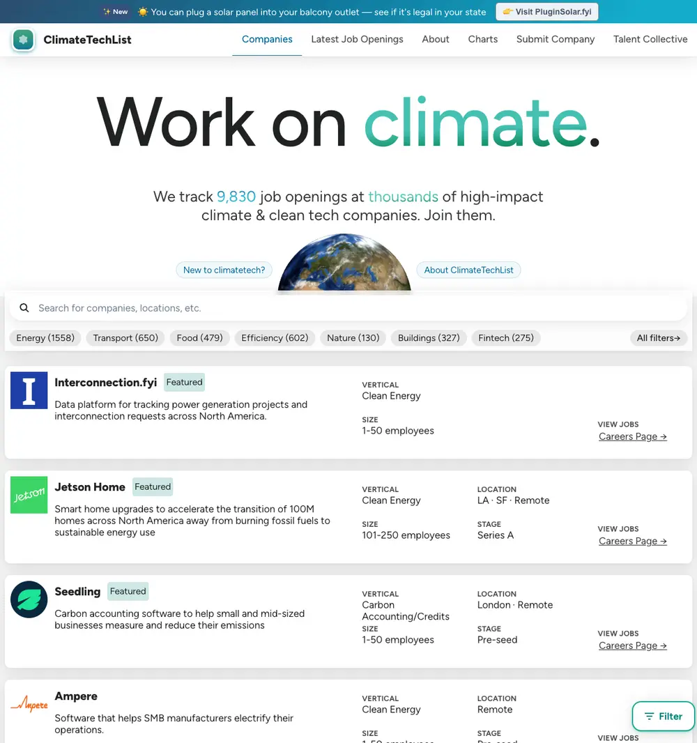 ClimateTechList job board platform screenshot showing job search interface