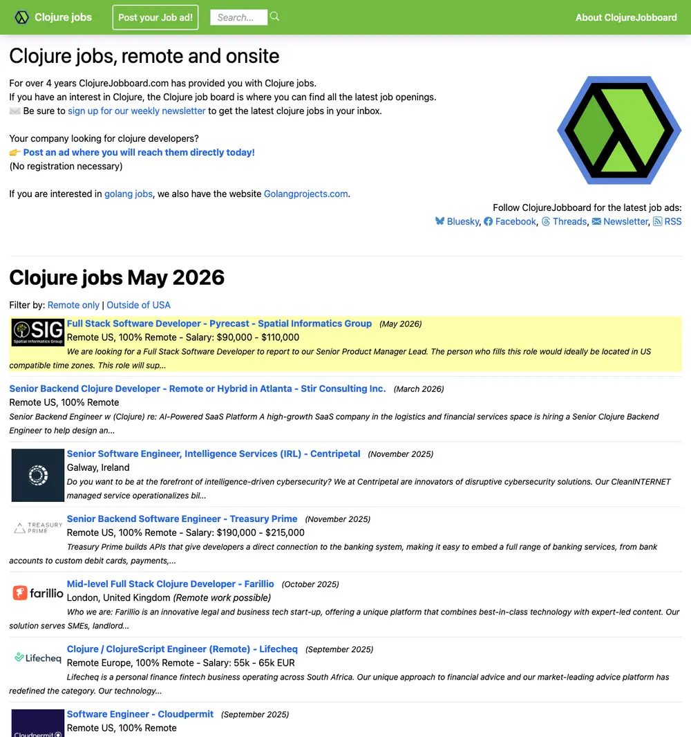 ClojureJobboard.com screenshot ClojureJobboard.com job board platform screenshot showing job search interface