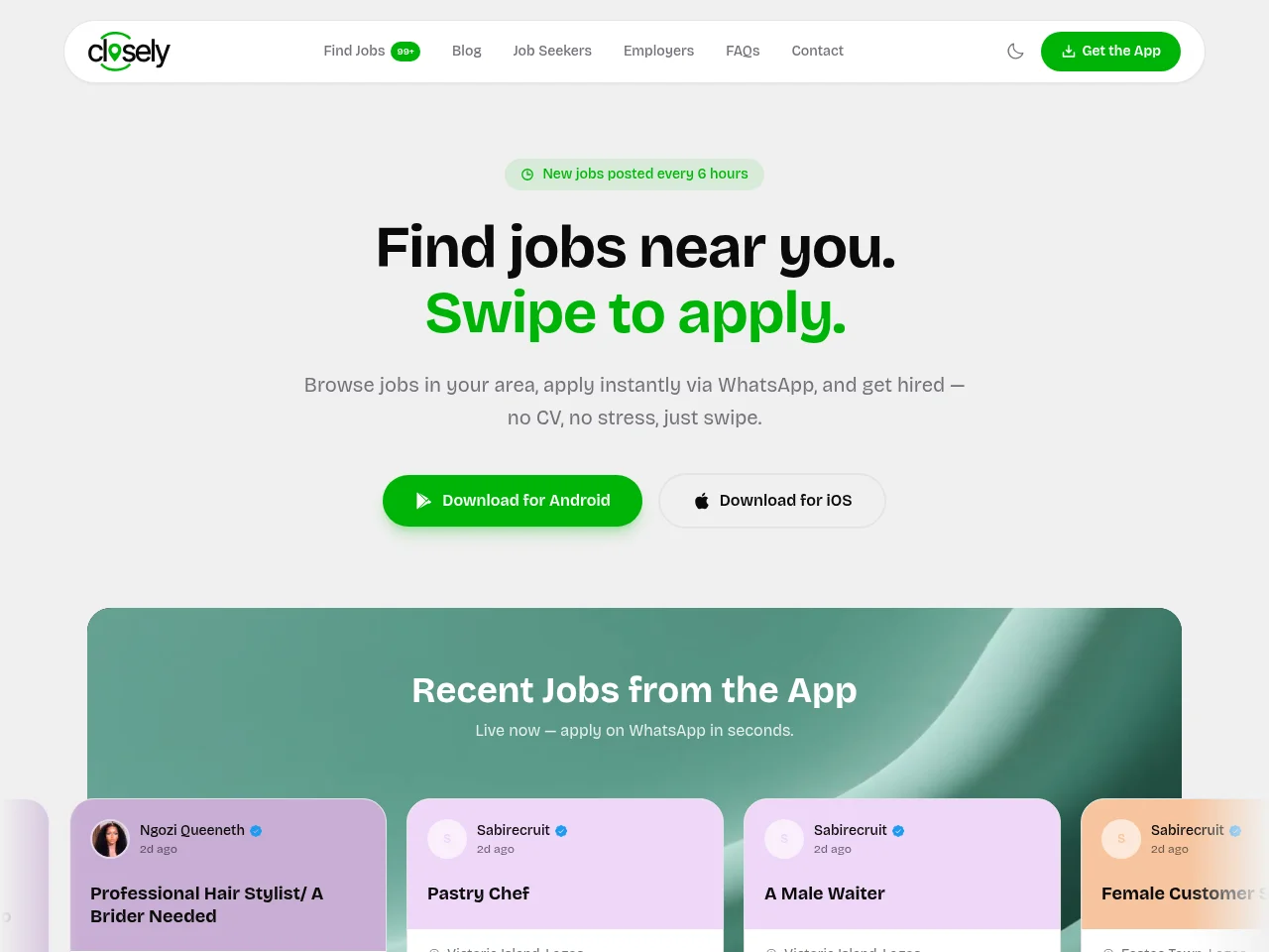 Closely job board platform screenshot showing job search interface