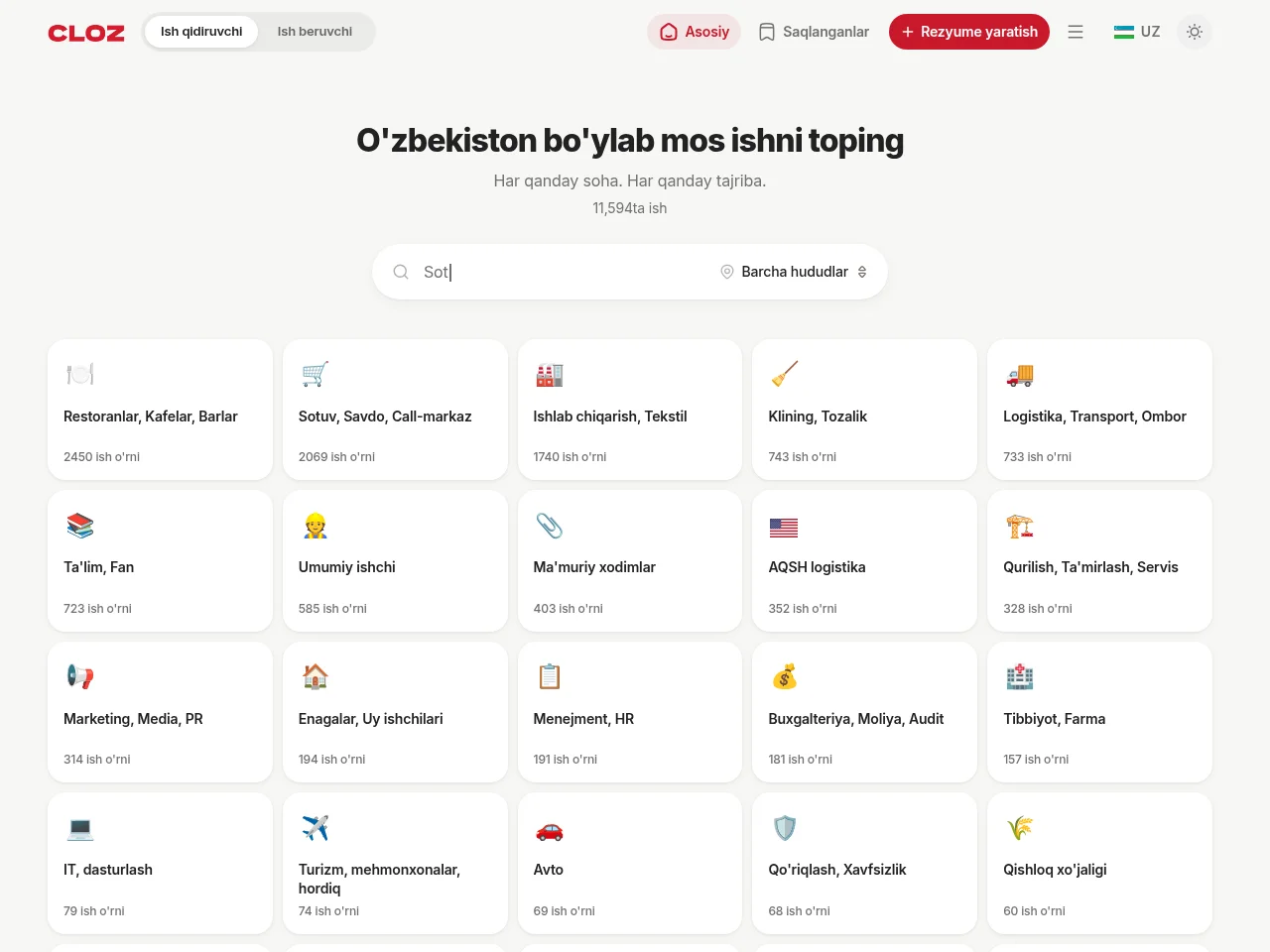 Cloz job board platform screenshot showing job search interface